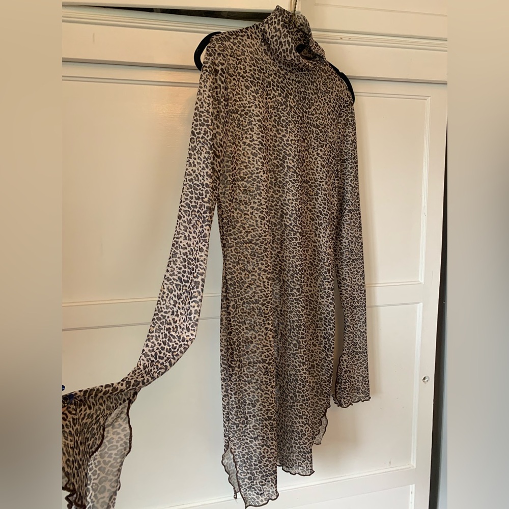 Sheer Cheetah Print Mockneck dress - ruffle edge. Amigas Cheetahs vibes!
